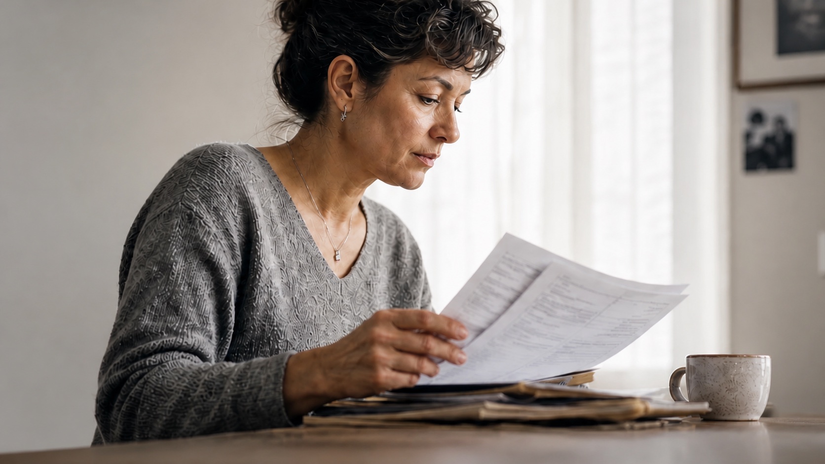 A woman reviewing her medical paperwork at home in natural window light